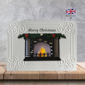 carte de cheminée de Noël 3D | Carte de cheminée en couches A6 | Cartes de Noël 3D | carte de cheminée bougie vacillante | Cartes de Noël 3D uniques