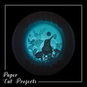 Op de afbeelding: Een blauw en zwart papieren uitsnijwerk van een kolibrie in vlucht met bloemen en een maan. Het ontwerp wordt van achteren verlicht, waardoor een gloeiend effect ontstaat. De tekst "Paper Cut Projects" is zichtbaar onderaan de afbeelding.