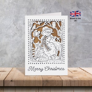Cartes de Noël scène bonhomme de neige | Animaux avec un bonhomme de neige dans une forêt en hiver | Cartes animaux | Cartes de bonhomme de neige | Cartes d'hiver