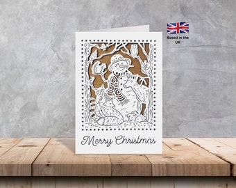 Snowman scene Christmas cards | Animals with a snowman in a winter forest Christmas cards | Animal cards | Snowman cards |  Winter cards