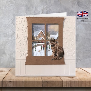Handgemachte 4 "x 4" 3D-Katze im Fenster Weihnachtsmann und Schlitten, Dorf, Schneeszene Weihnachtskarten