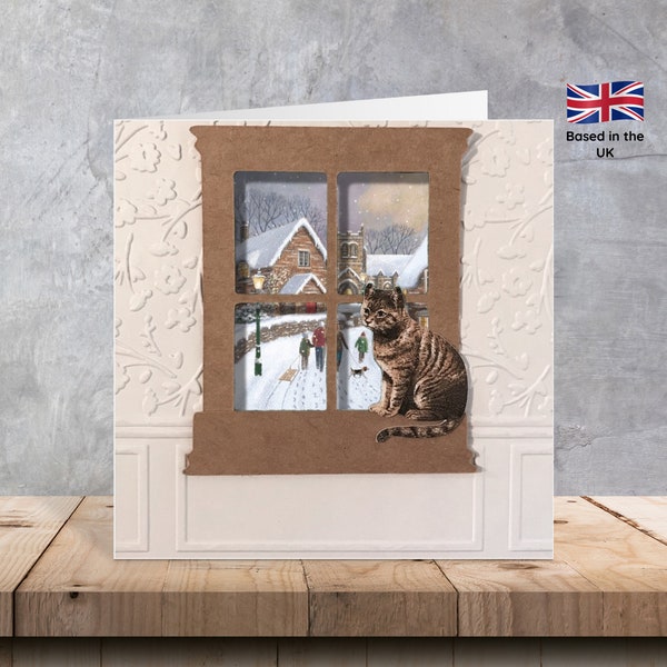 Handmade 4” x 4” 3D cat in a window Santa and sleigh, village, snow scene Christmas cards