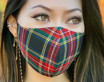 Máscara de tartán de algodón más suave, máscara a cuadros, unisex, hermosa, con clase, todos los días, cómoda, ligera, 3 capas, opción de filtro, ajustable, lavable, EE. UU.