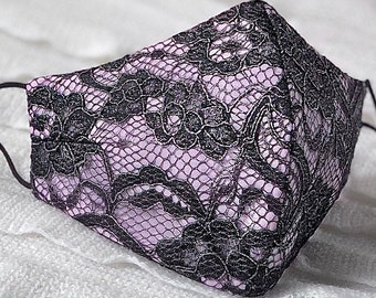 Máscara de encaje rosa, Máscara de encaje rosa negro, Máscara de encaje, Encaje metálico, Exquisita, Impresionante, ajustable, Lite, 3 capas, Opción de filtro, Lavable, EE. UU.