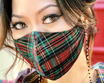 Máscara de tartán unisex, Tartan Jacquard, Tartán rojo, Metálico, Impresionante, Único, Ajuste perfecto, Super Lite, 3 capas, Filtro operativo, ajustable, EE. UU.