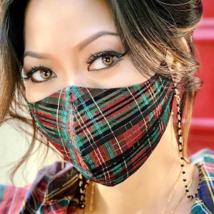 Unisex Tartan Mask, Tartan Jacquard, Red Tartan, Metallic, Stunning, Unique, Perfect Fit, Super Lite, 3 Layer, Filter Op, Adjustable, USA