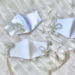 Bridal Mask, Wedding Mask, Ivory Lace Mask, White + Ivory Satin, Beaded Wedding Mask, Stunning, Unique, Adjustable, Filter Op, Handmade USA
