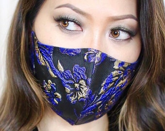 Royal Blue Brocade Mask, Brocade, Burnt Floral, Metallic, Jacquard Floral, Unique, Stunning, Lux, Soft, Light, Adjustable, Filter Option, US