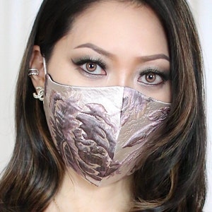 Purple Brocade Mask, Stunning, Unique, 3 Layer, Lite, Lilac Brocade, Rose Gold, Jacquard, Bridal Parties, Special Occasions,  Handmade in US