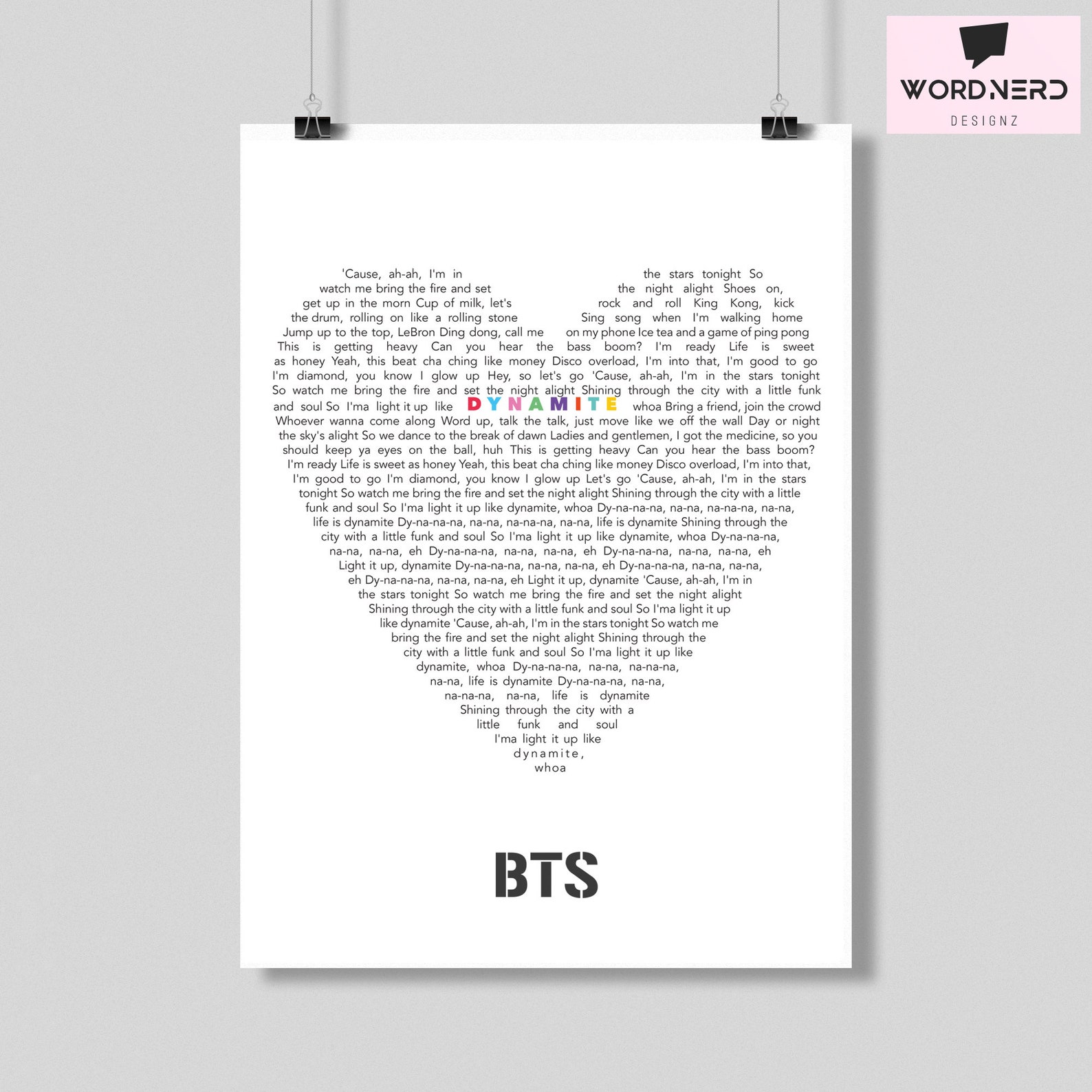 DYNAMITE BTS Song Lyrics Poster Wall Decor Art Print Kpop Etsy