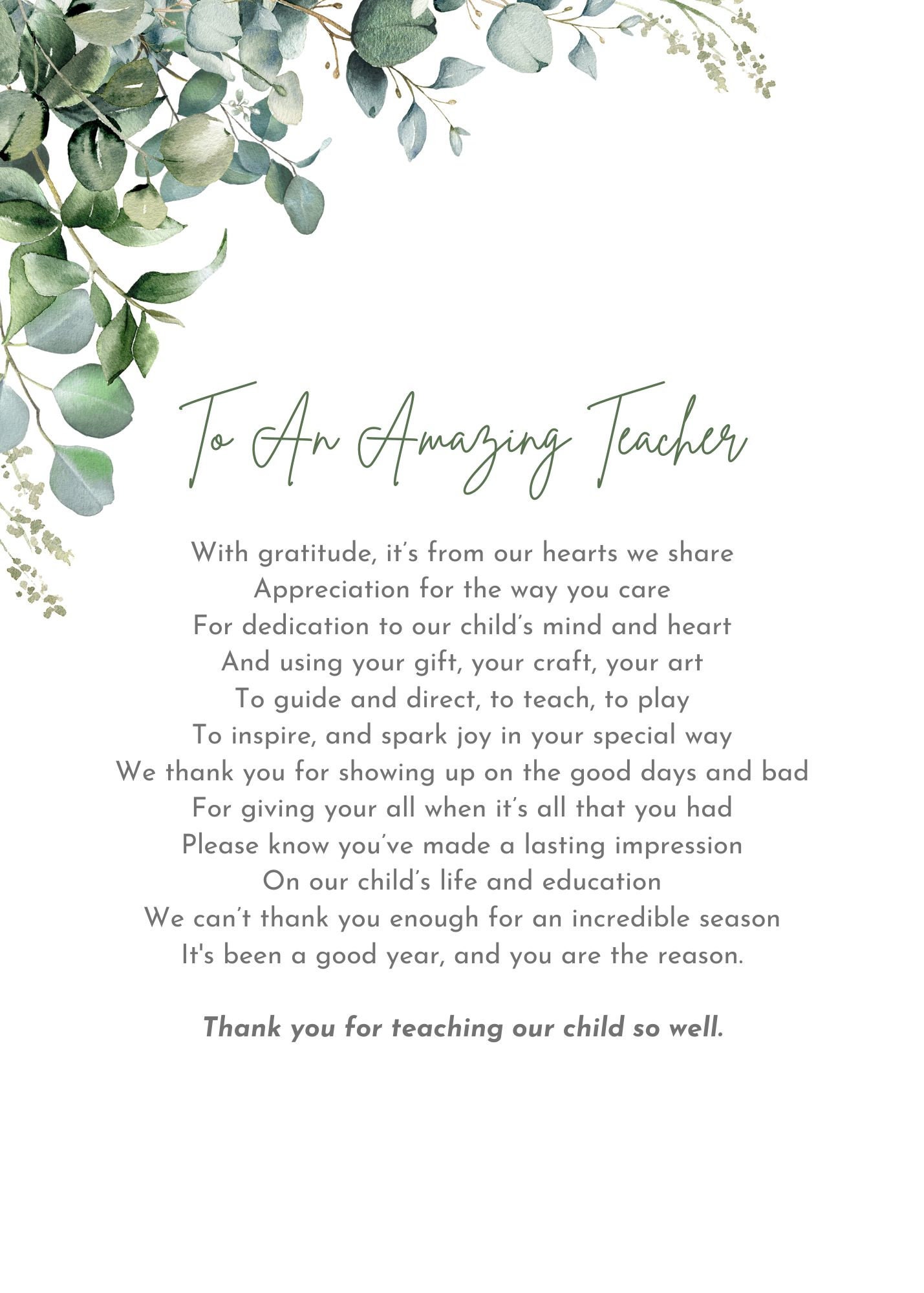 Teacher Appreciation Poem Print: Eucalyptus Thank You Card (digital ...