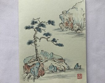 Original hand painted, Chinese calligraphy black ink and watercolor, Chinese landscape, blank greeting card 4.25'' x 5.5''