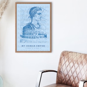 May include: A blue and white print of a Roman bust superimposed over a map of Rome, with the Colosseum visible in the background. The text "MY ROMAN EMPIRE" and the coordinates "41.9028° N, 12.4964° E" are printed below the image.