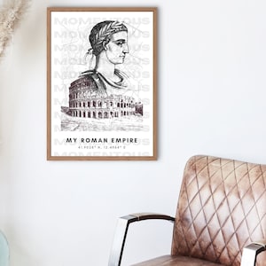 Op de afbeelding: Zwart-witte illustratie van een Romeinse keizer met een lauwerkrans op zijn hoofd, gesuperponeerd op een tekening van het Colosseum. De tekst "MY ROMAN EMPIRE 41.9028° N, 12.4844° E" staat onder de afbeelding.