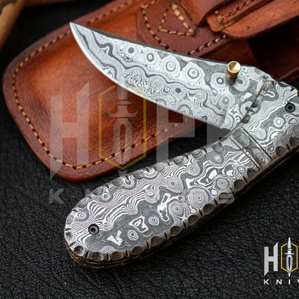 7 Inch Hand forged Full Damascus Folding knife, handmade Damascus pocket knife, hunting knife, Christmas gifts.