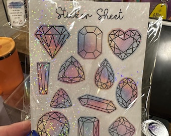 Hoja de pegatinas holográficas de piedras preciosas: Calcomanías de cristales arcoíris pastel