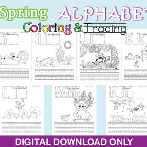 Spring ABC Alphabet Coloring Pages Printable / From A to Z, 28 Pages / Coloring & Tracing Letters / Instant Digital Download - PDF