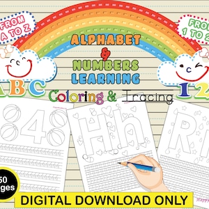 ABC-123/Alfabeto y números para colorear y rastrear páginas imprimibles/De la A a la Z, 1-20 páginas/Descarga digital instantánea - PDF