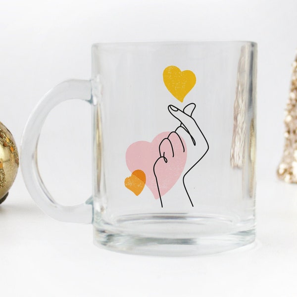 BTS Korean Gifts, Finger Heart Glass Mug | Trending Line Art, Cute, Kawaii, Valentines Cute Kawaii Kpop, Long Distance, Korean Cafe Mug