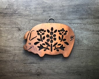 Vintage Copper Cast Pig Trivet and Wall Hanging, Farmhouse
