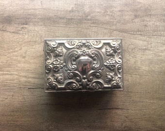 Vintage Silver Plated Floral Repousse Velvet Lined Jewelry Treasure Trinket Box