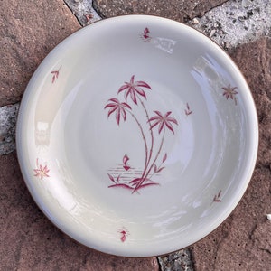 May include: A white ceramic bowl with a gold rim and a pink palm tree design. The bowl is on a stone surface.