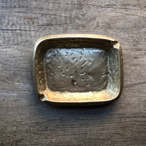 Heavy Solid Brass Ashtray Tobacciana Trinket Ring Dish Mid Century Home Coffee Table Decor Aged Patina Rectangular Brass Ashtray