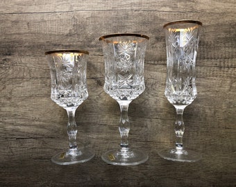 Champagne Flute Crystal Wine Water Glasses, Italian Wedding glasses, Lavorazione a Mano Cristallo 24k Gold Rims Set