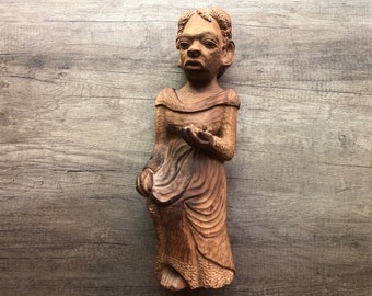 African-American Statue Figurine Hand Carved Natural Wood Folk Art Sculpture Display Gift