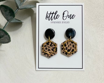 HANDMADE CLAY EARRINGS L Cheetah Hexagon Pendant With Black