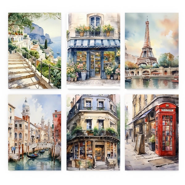 Europe Trip Inspo Watercolor Wall Art Set of 6, Venice Italy, Paris France, London England, Capri Italy, Digital Downloads