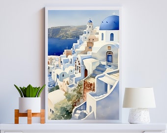 Watercolor Santorini Greece Art Print, Digital Download