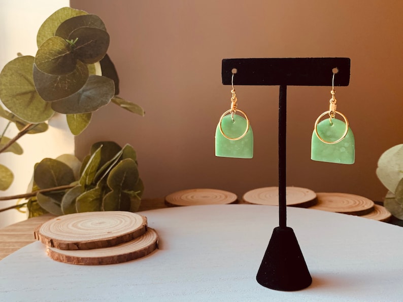 Minimalist Earrings Green Clay Earrings Elegant Clay Earrings Golden Clay Earrings