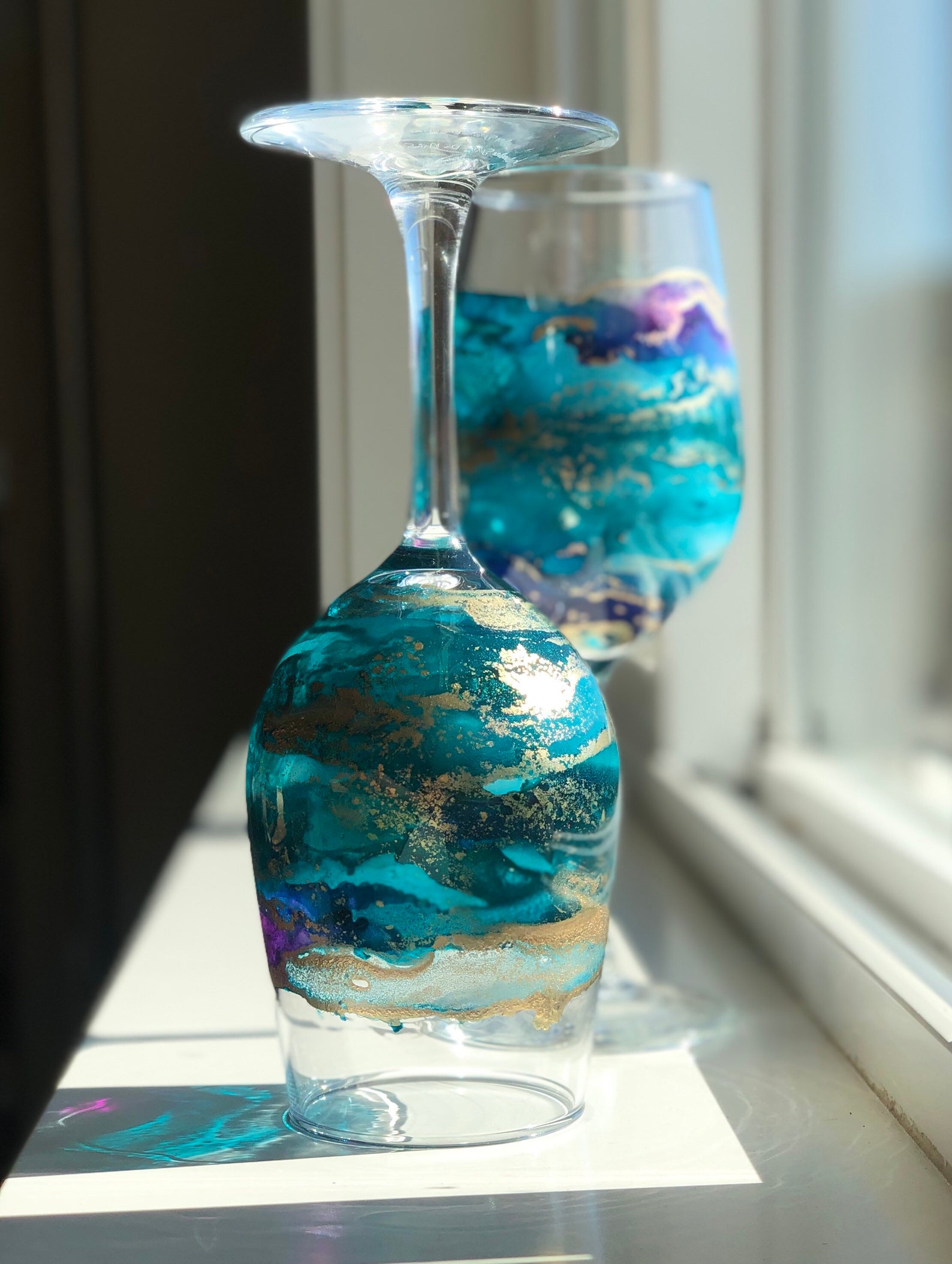 2 TURQUOISE WINE GLASSES Individually Hand Painted. Perfect Etsy