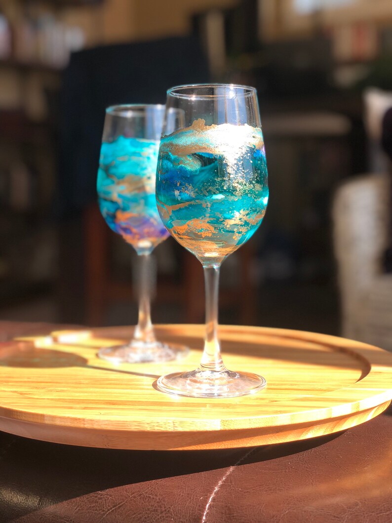 2 TURQUOISE WINE GLASSES Individually Hand Painted. Perfect Etsy