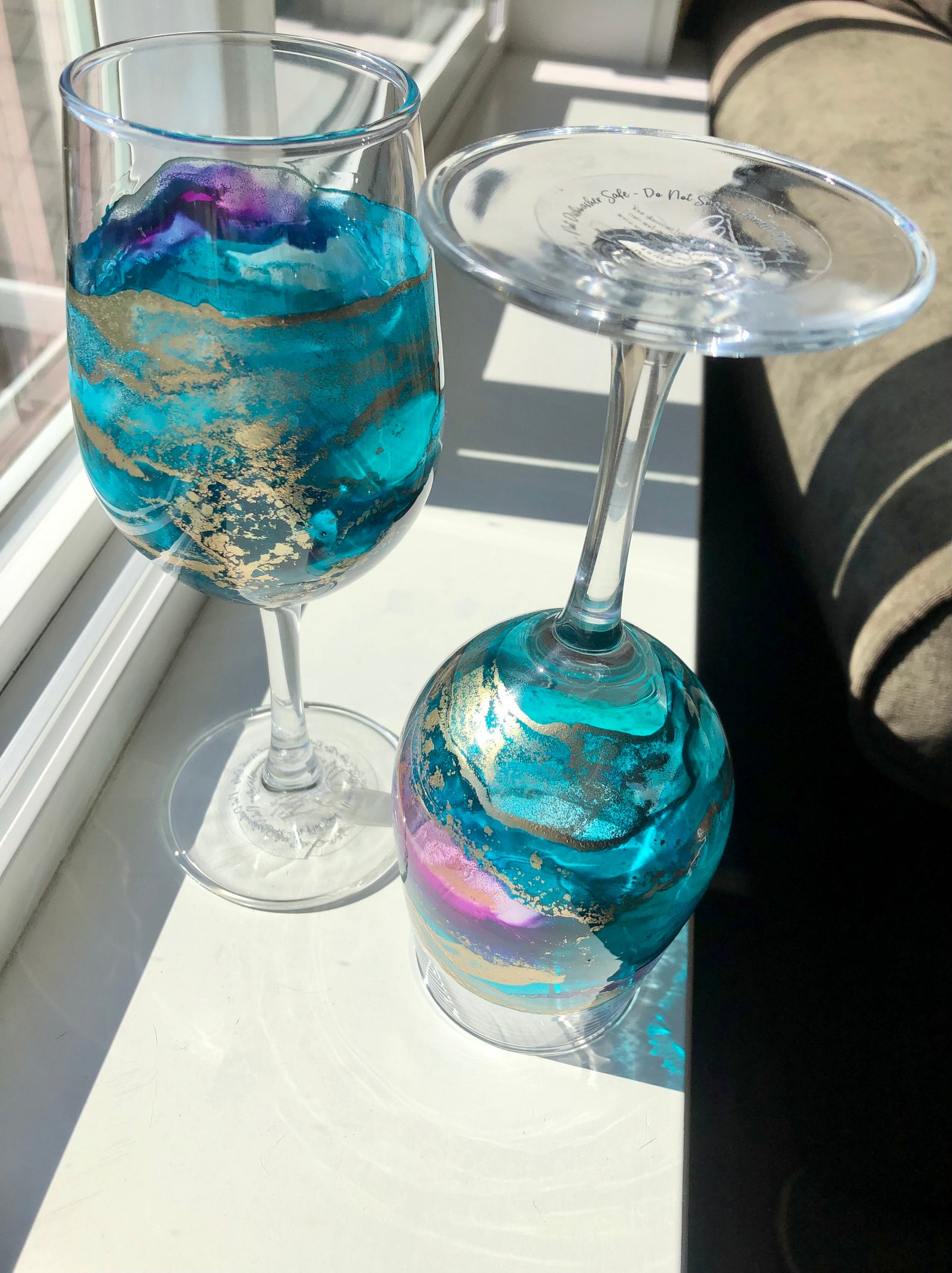 2 TURQUOISE WINE GLASSES Individually Hand Painted. Perfect Etsy