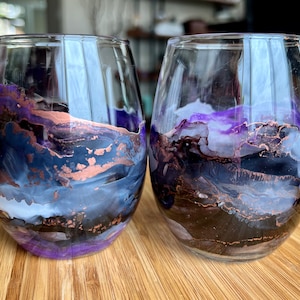 2 *NEW* Black, Purple, and Rose Gold stemless wine glasses. 15-oz hand-painted. great as wedding, birthday, anniversary, bachelor(ette)