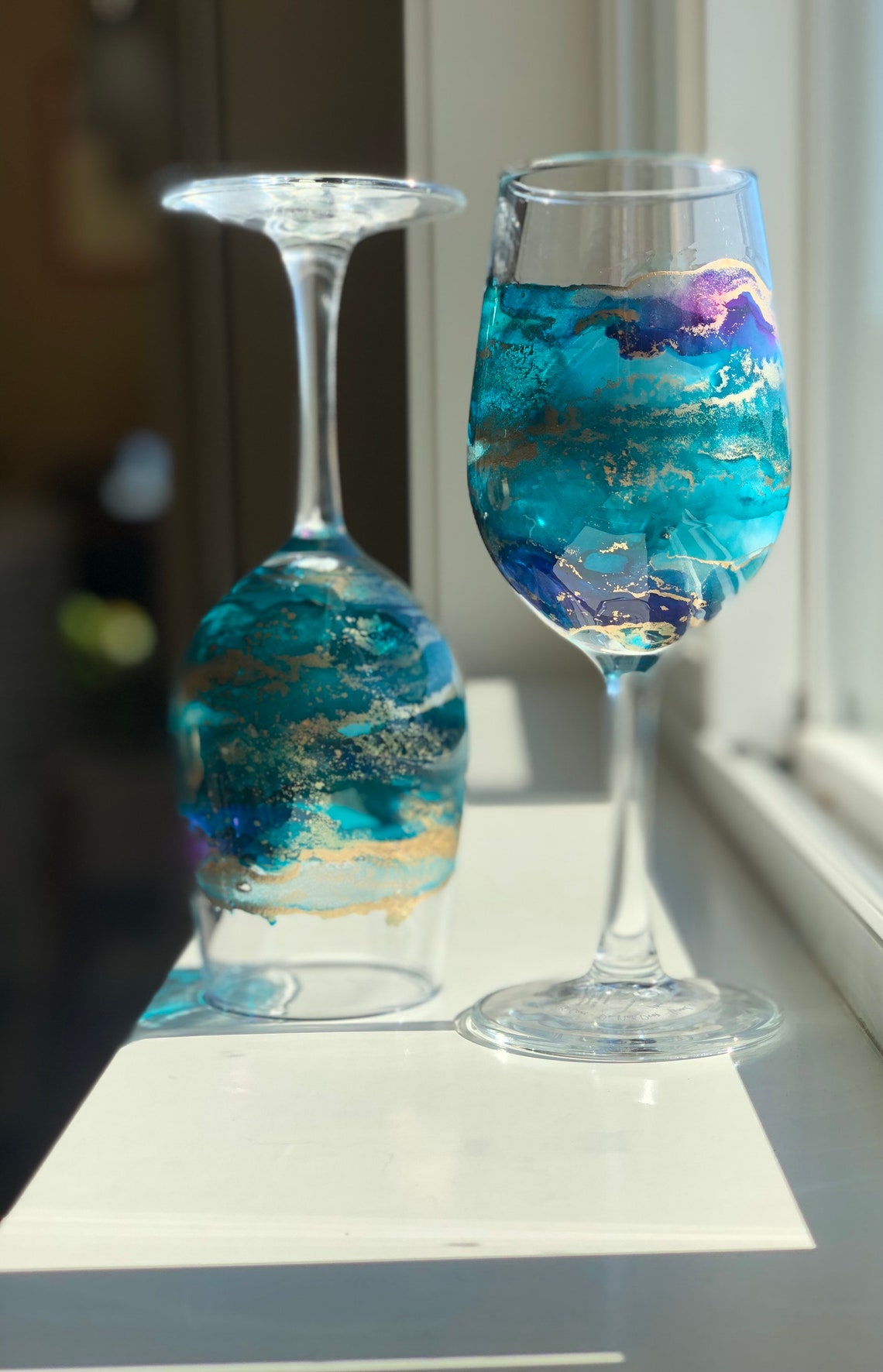 2 TURQUOISE WINE GLASSES Individually Hand Painted. Perfect Etsy
