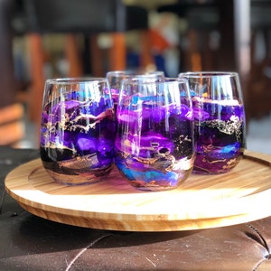 4 Custom hand-painted pieces of glassware sets; Stunning and unique to your bar. Great as wedding, holiday, anniversary, birthday gift