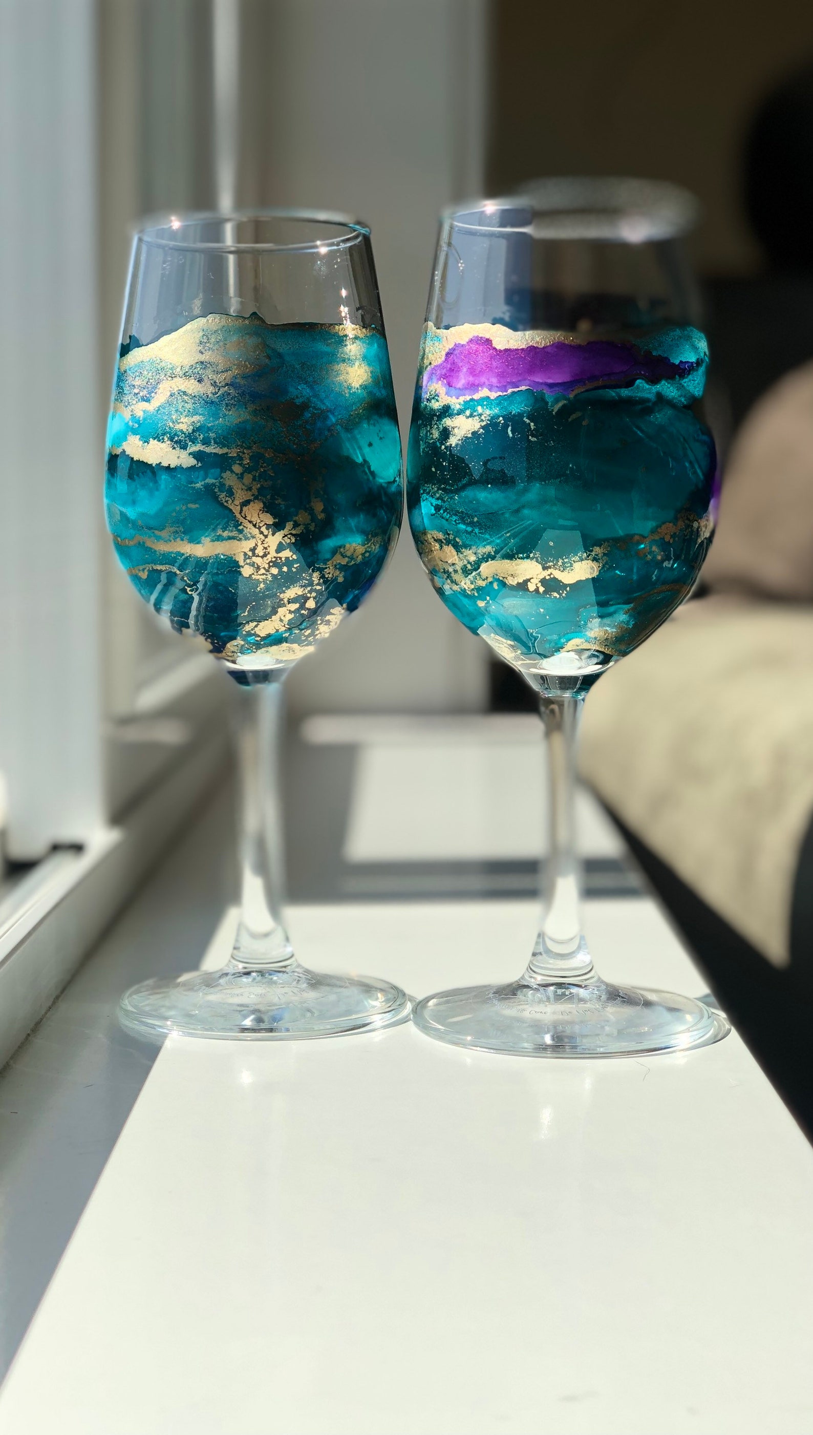 2 TURQUOISE WINE GLASSES Individually Hand Painted. Perfect Etsy