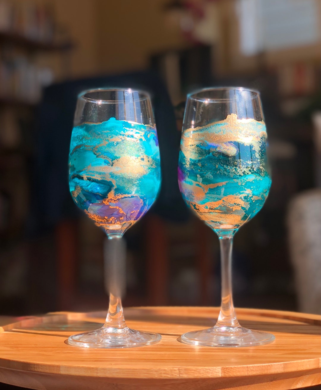 2 TURQUOISE WINE GLASSES Individually Hand Painted. Perfect Etsy