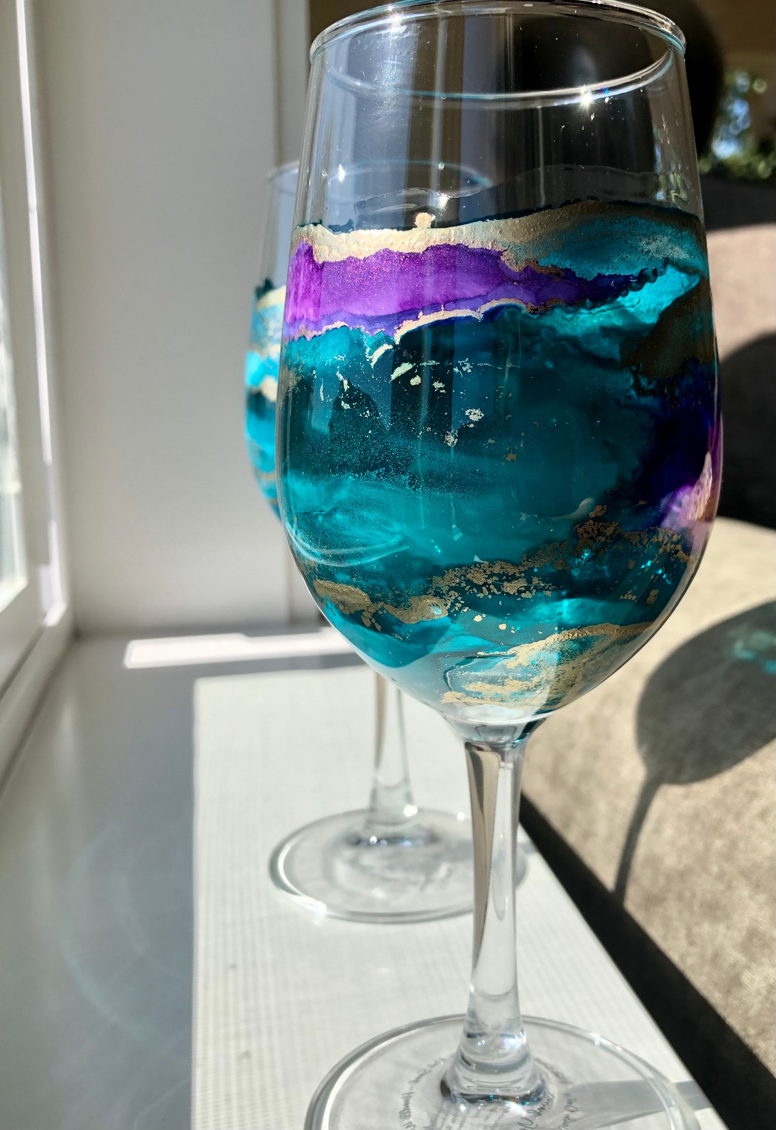 2 TURQUOISE WINE GLASSES Individually Hand Painted. Perfect Etsy