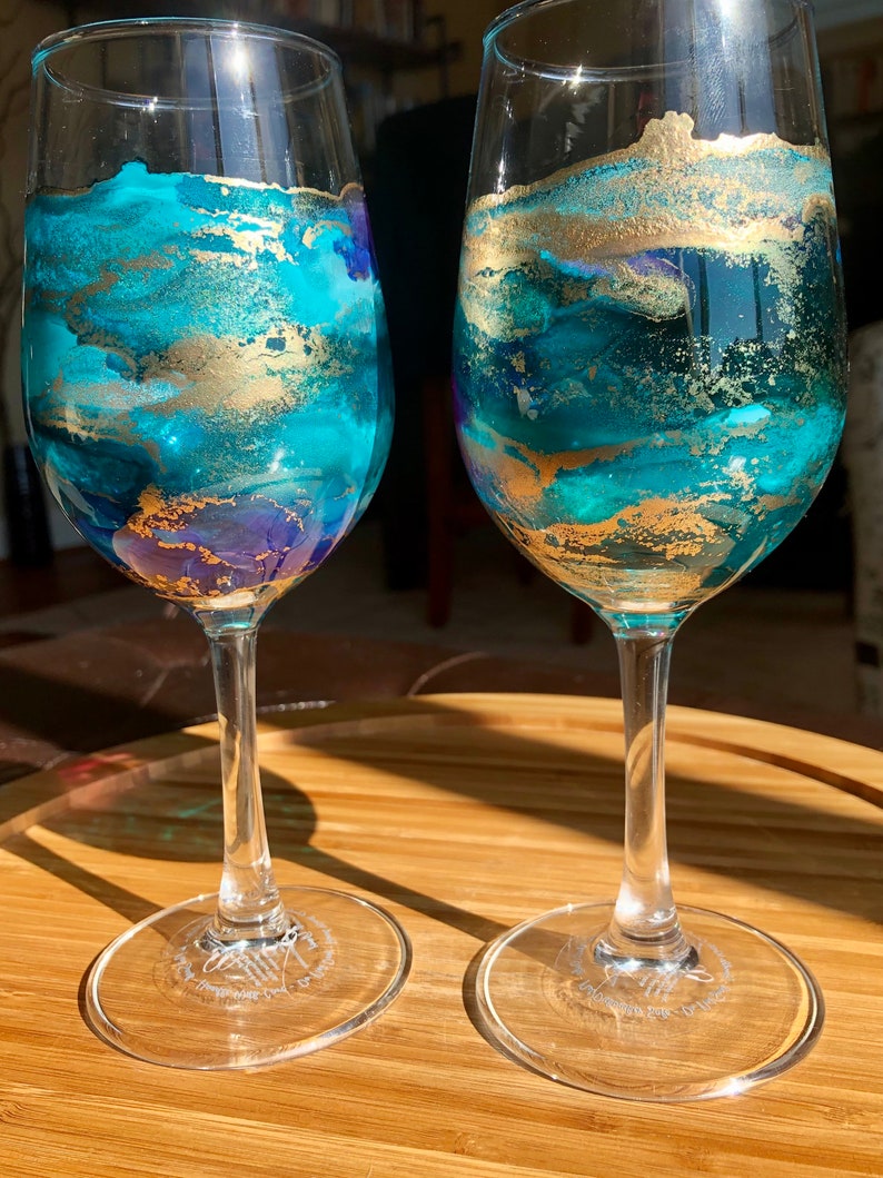 2 TURQUOISE WINE GLASSES Individually Hand Painted. Perfect Etsy