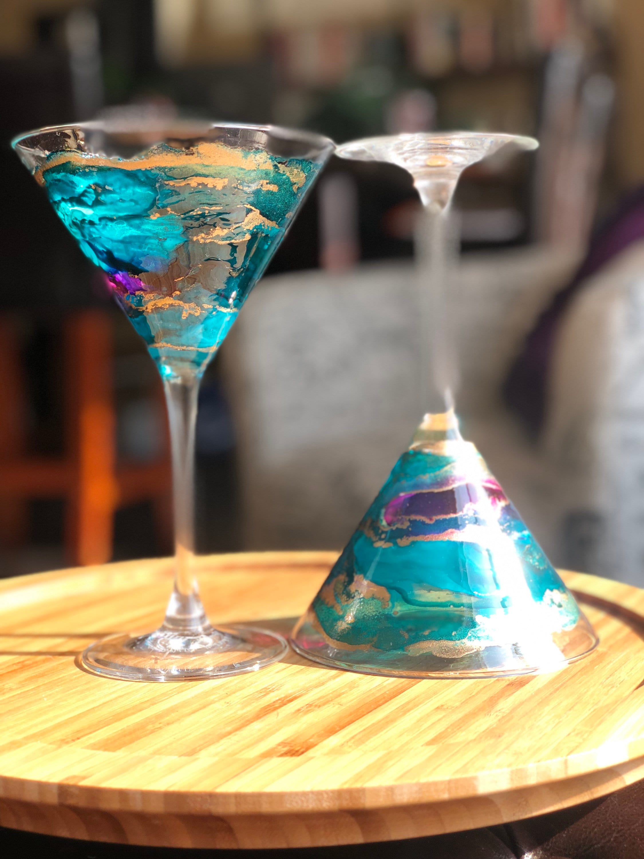 2 TURQUOISE MARTINI GLASSES; individually hand painted. Perfect for a wedding, birthday, anniversary, or housewarming gift or just for you!