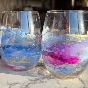2 PERIWINKLE stemless wine (or gin & tonic) glasses. 15-oz hand-painted. great as wedding, birthday, anniversary, bachelor(ette)