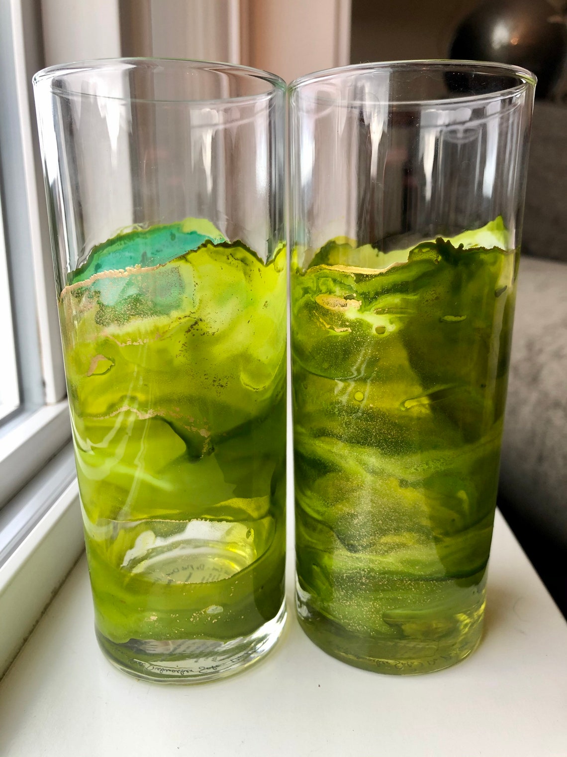 Lime GREEN/AQUA Painted Glasses 13 oz highball stunning Etsy