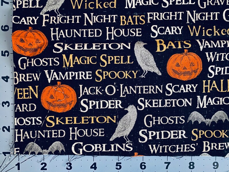 Limited Edition Spooky Trick or Treating Costume Spelled Black Crows Birds Pumpkins Happy Halloween Cotton Quilt Fabric 17\u201d x 21\u201d FQ