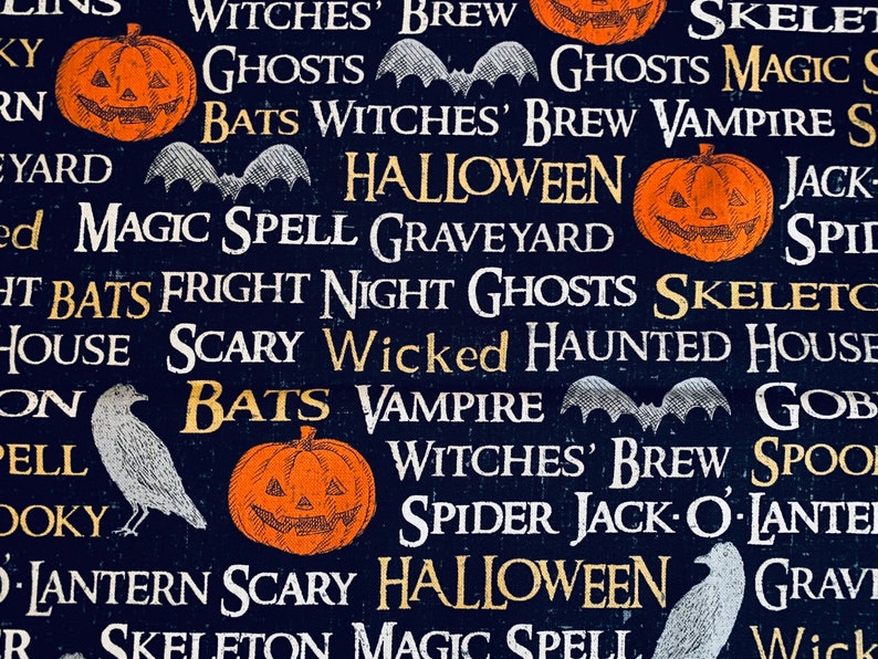 Limited Edition Spooky Trick or Treating Costume Spelled Black Crows Birds Pumpkins Happy Halloween Cotton Quilt Fabric 17\u201d x 21\u201d FQ
