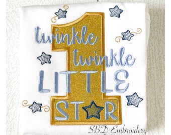 Blue Gold Twinkle Twinkle Star Tee, First Birthday Shirt, Boys Star Tee, Shooting Star, Applique, Embroidered