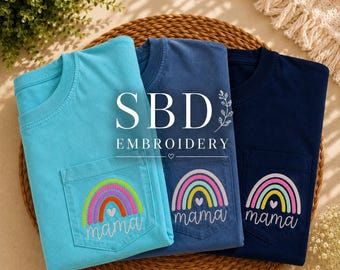 Mama Rainbow Pocket Embroidered Shirt | Comfort Colors Pocket Tee | Custom Mama Shirt | Mother's Day Gift | Rainbow Embroidery Tee | Mama